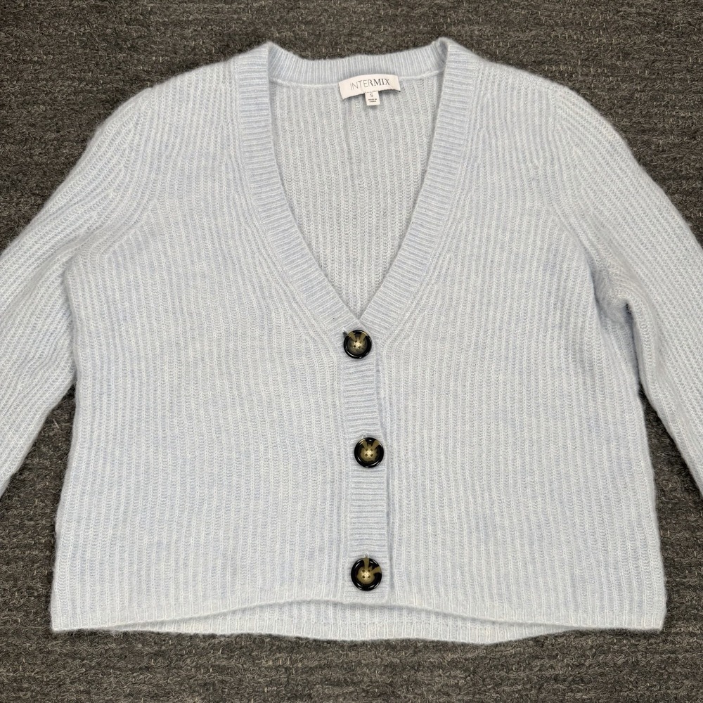 Intermix Cardigan Sweater Small Light Blue Wool Alpaca Boxy Fit Ribbed Knit